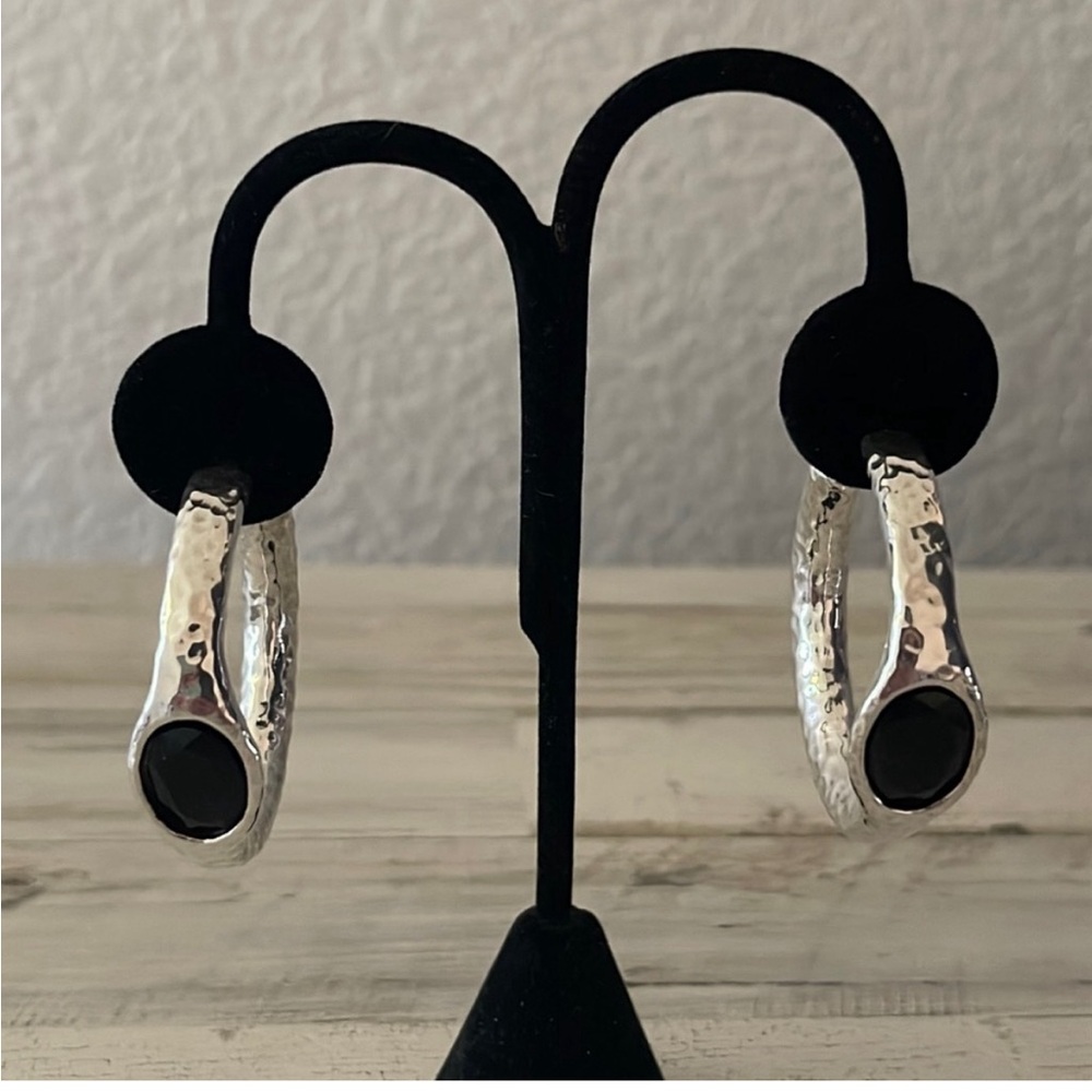 Simon Sebbag Sterling Silver Hoop Earrings with black stone